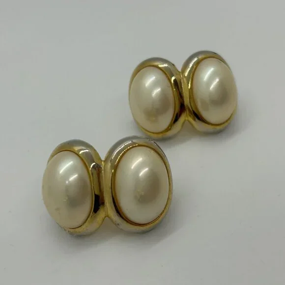 Vintage Gold Tone Double Faux Pearl Clip-On Earrings Retro 80s Statement Cabocho - Picture 4 of 13